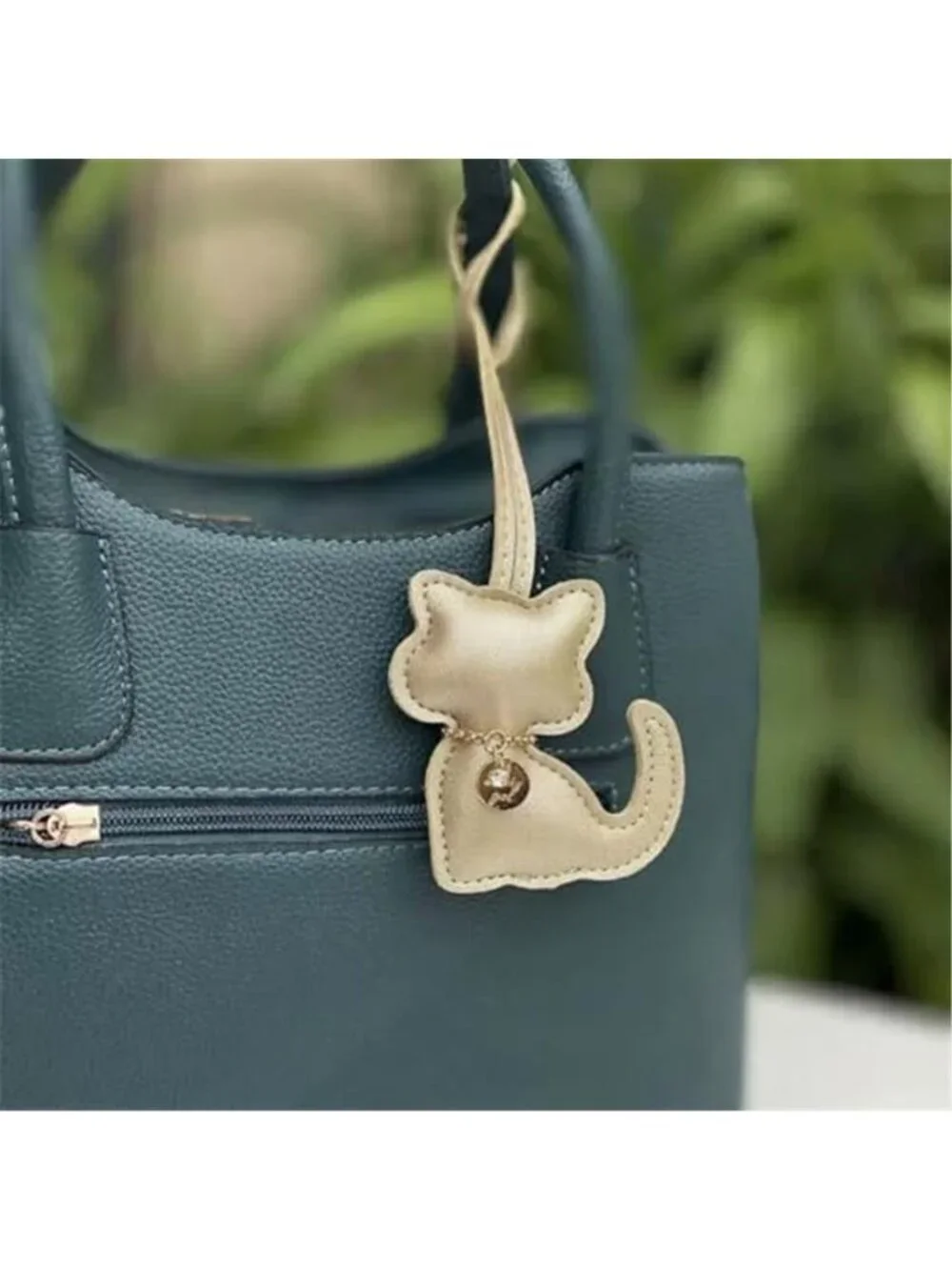 Gold Cat Vegan Leather Bag Charm Rhinestone Purse Keychain Handbag Accessory